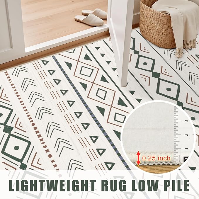 8x10 Area Rugs Living Room Rug: Washable Rug Neutral Lagre Soft Thin Carpet Indoor Floor Non Slip Boho Geometric Moroccan Carpets for Bedroom Dining Room Farmhouse Nursery Office - Brown Green