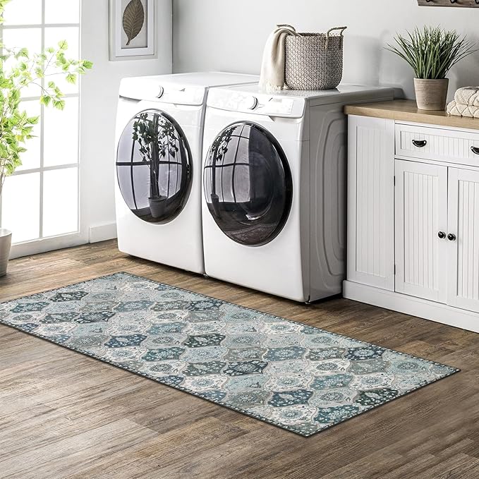 Lahome Moroccan Trellis Kitchen Runner Rug, 2x5 Washable Runners for Hallways Non Slip, Rubber Backing Ultra-Thin Vintage Carpet for Entryway Bedroom Bathroom, Blue
