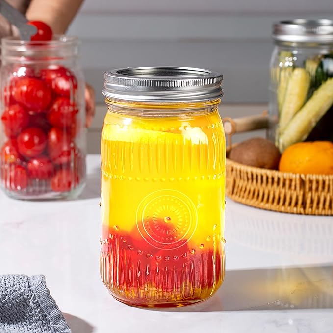Amzcku 32oz vintage Mason Jars with Lids, Wide Mouth Quart Canning Jar, Safe For Storage, Canning, Pickling, Preserving, Fermenting, DIY Crafts & Decor 4 Pack