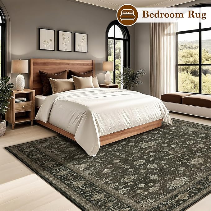 LBRO2M Distressed Washable Rugs 9X12 Area Rug for Living Room for Bedroom Dining Room Non Slip Farmhouse Rugs Easy Clean, Stain Resistant Carpet Great for Pets and Kids (9'X12' Dark Brown)