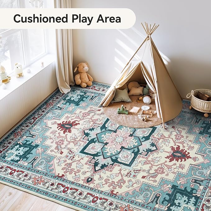 5x7 Area Rugs, Vintage Washable Area Rug for Living Room, Floral Boho Area Rugs for Bedroom, Office, Non-Slip Colorful Rug, Traditional Vintage Style, Plush Low-Pile Soft Carpet, Light Blue