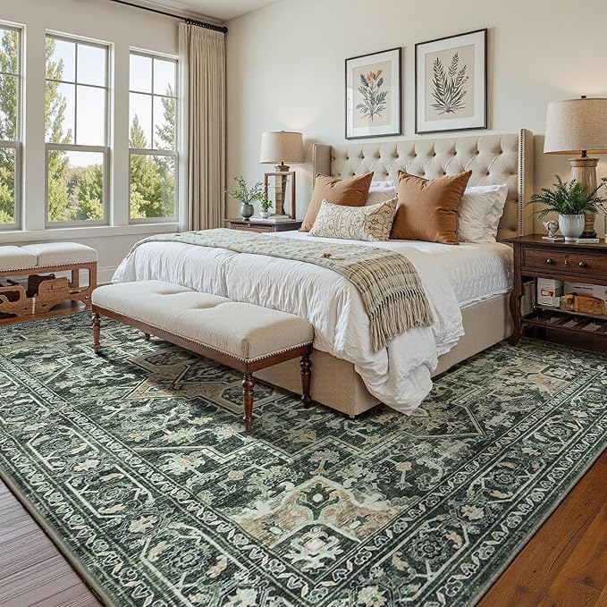 Lessymo Washable 8×10 Green Area Rugs for Living Room, Soft Vintage Boho Rug Non-Slip for Bedroom Dining Room Kitchen, Large Distressed Retro Carpet Stain Resistant for Home Indoor Nursery Office