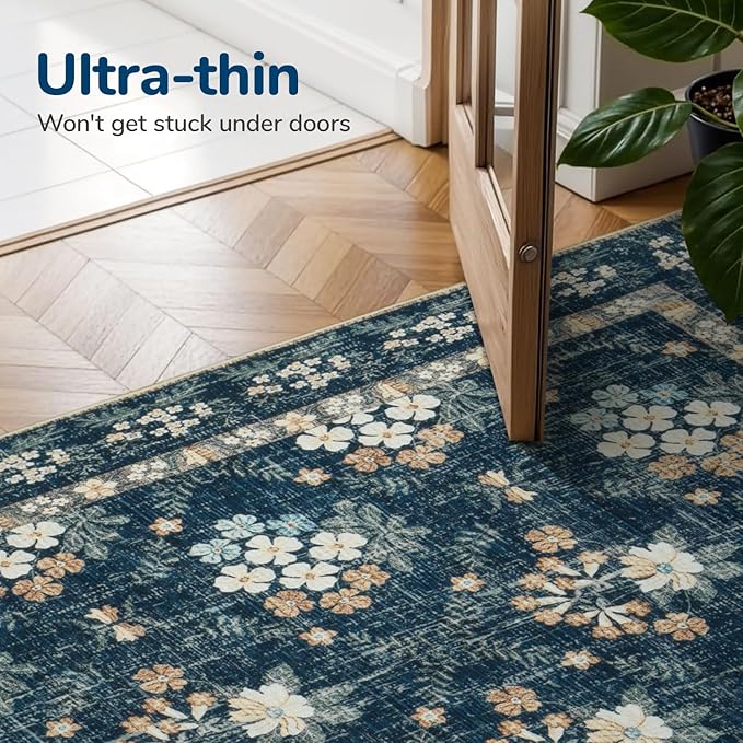 Lessymo Floral Living Room Rug 8x10 Area Rugs, Vintage Washable Rugs for Dining Room Bedroom, Low Pile Non Slip Rubber Mat, Distressed Indoor Boho Carpet, Navy/Beige