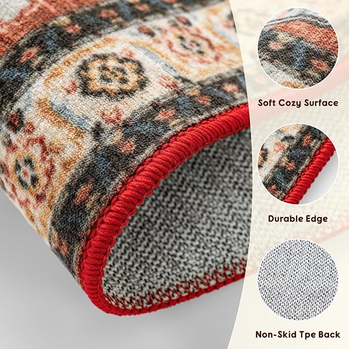 LBRO2M Boho Area Rug 8X10 Washable Rugs for Bedroom Low Piles Indoor Carpet, Non Slip Soft Rug for Living Room, Dining Room, Red Rug Foldable Pet Friendly Area Rugs Stain Resistant (8'X10' Red)