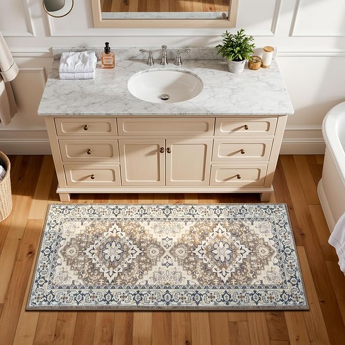 Lessymo 2 x 4 Entryway Rug, Machine Washable Area Rugs Boho Faux Wool Low Pile Area Rug for Bedroom, Floral Medallion Vintage Outdoor Rugs with Non-Slip Rubber,Brown Beige