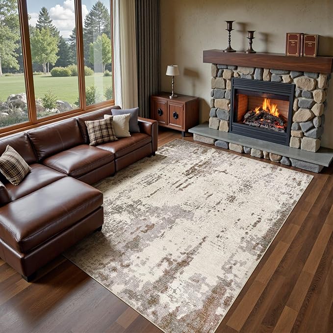 Area Rug Living Room Rugs-Washable Neutral Modern Abstract Soft Thin Large Rug Indoor Floor No Slip Rug Carpet for Bedroom Under Dining Table Home Office Decor-Brown/Grey/Beige-7'x 9'