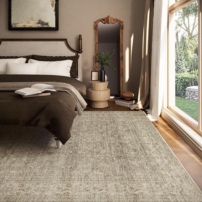 Machine Washable Rugs for Living Room: 5x7 Area Rugs for Bedroom Vintage Stain Resistant Non Slip Low Pile Lightweight Boho Carpet for Kitchen Dining Room Farmhouse Kids Room Nursery