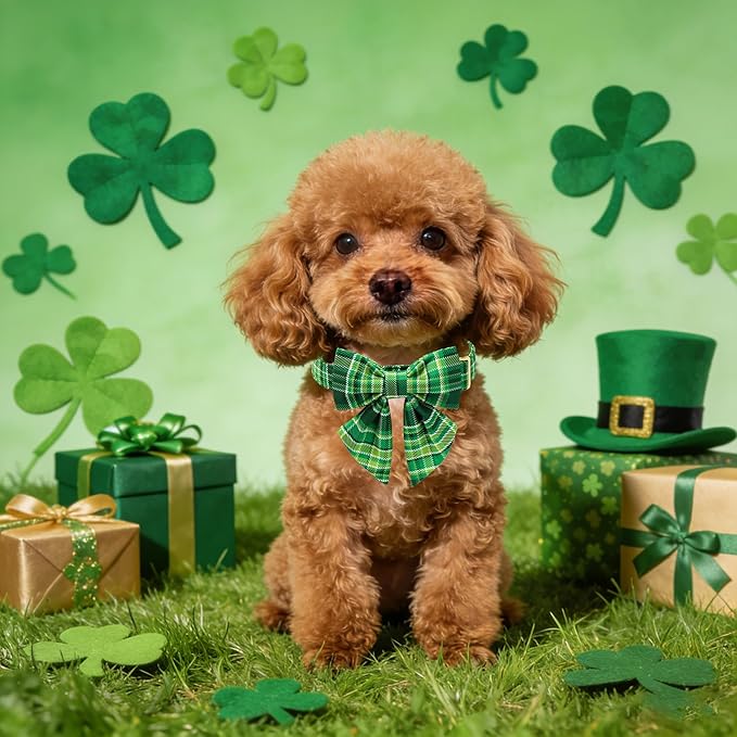 Maca Bates St. Patrick's Day Irish Plaid Dog Collar with Sailor Bow Tie,Shamrock Green Gingham Pattern for Large Girl Boy Dogs,Adjustable Durable Soft Collars Gift for Male Female Puppy