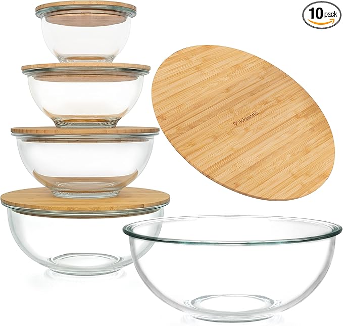 Stackable Space-Saving Set of 5 Nesting Glass Bowls with Bamboo Lids for Foodprep, Storage, Baking, Mixing & Cooking, Microwave & Oven Safe BPA Free Heat Resistant Inert Borosilicate Glass