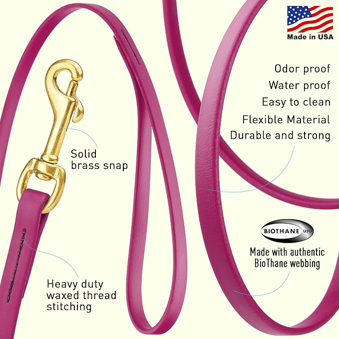 Viper Biothane K9 Working Dog Leash Waterproof Lead for Tracking Training Schutzhund Odor-Proof Long Line with Solid Brass Snap for Puppy Medium and Large Dogs, 20ft Magenta Pink