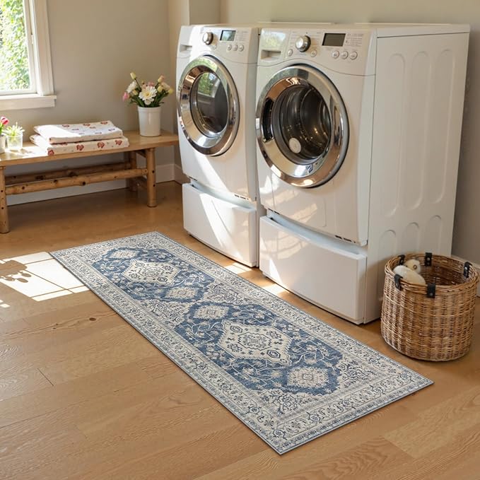 Lahome Oriental Washable Kitchen Runner Rug, 2x6 Carpet Runners for Hallway 6ft Non Skid, Vintage Soft Hallway Rug for Bathroom Bedroom Entryway, Blue