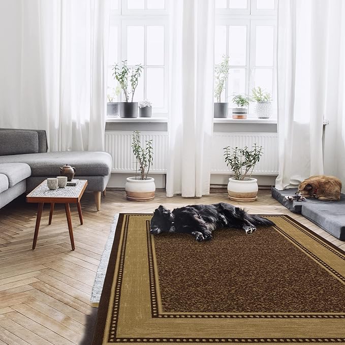 Ottomanson 5' x 6'6" Rugs for Living Room Border Area Rug for Bedroom - Non Slip Durable Large Floor Carpet for High Traffic Areas - Indoor Rug for Dining Room Kitchen Kids Playroom, Brown
