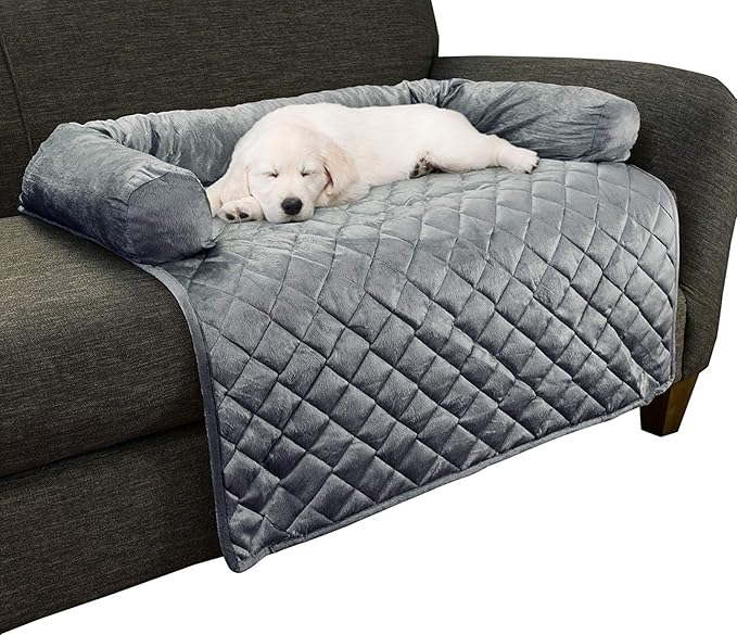 Couch Cover for Dogs - 35x35 Pet Furniture Protector with Memory Foam Neck Bolster, Quilted Fabric, and Water-Resistant Base Layer by PETMAKER (Gray)