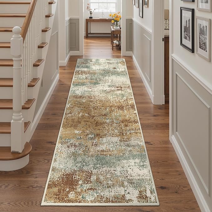 Runner Rug for Hallway Kitchen, 2'6"x6' Machine Washable Runners Rug for Entryway, Soft Modern Abstract Throw Rugs, Low Pile Floor Cover with Non Slip Backing, Orange Green