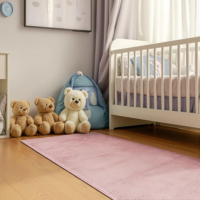 jinchan Solid Plush Runner Rug 2x5 Performance Shaggy Washable Hallway Rug Soft Modern Faux Wool Cozy Non Slip Carpet for Bedroom Laundry Room Living Room Kids Nursery Pink