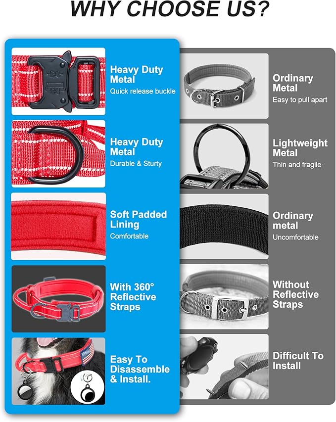 AUBELL Reflective Tactical Dog Collar,Adjustable Military Heavy Duty K9 Collars with Handle and Quick Release Metal Buckle Great for Extra Large Dogs, with Airtag Case and 2 Patches (Red,XL)