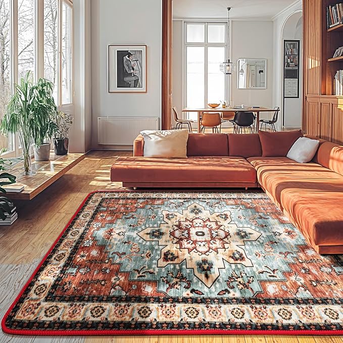 LBRO2M Boho Area Rug 8X10 Washable Rugs for Bedroom Low Piles Indoor Carpet, Non Slip Soft Rug for Living Room, Dining Room, Red Rug Foldable Pet Friendly Area Rugs Stain Resistant (8'X10' Red Teal)