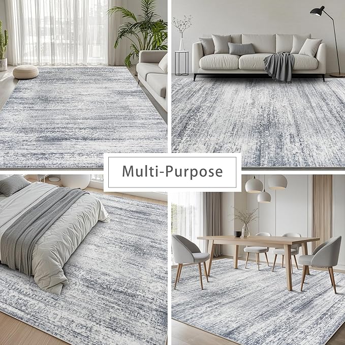 Washable Rugs 8x10 Area Rugs for Living Room,Rugs for Bedroom,Large Carpets,Ultra Soft Faux Wool Retro Dining Room Rug,Non Slip&Non-Shedding Low Pile Vintage Print Rug for Home Office-Grey Cream