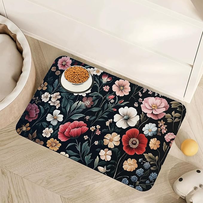 Floral Boho Dog Cat Food Mat,Pink Flower Vintage Absorbent Pet Feeding Mat with Rubber Backing,Non-Slip Water Bowl Placemat,Indoor Pet Accessories Supplies 12"x20"