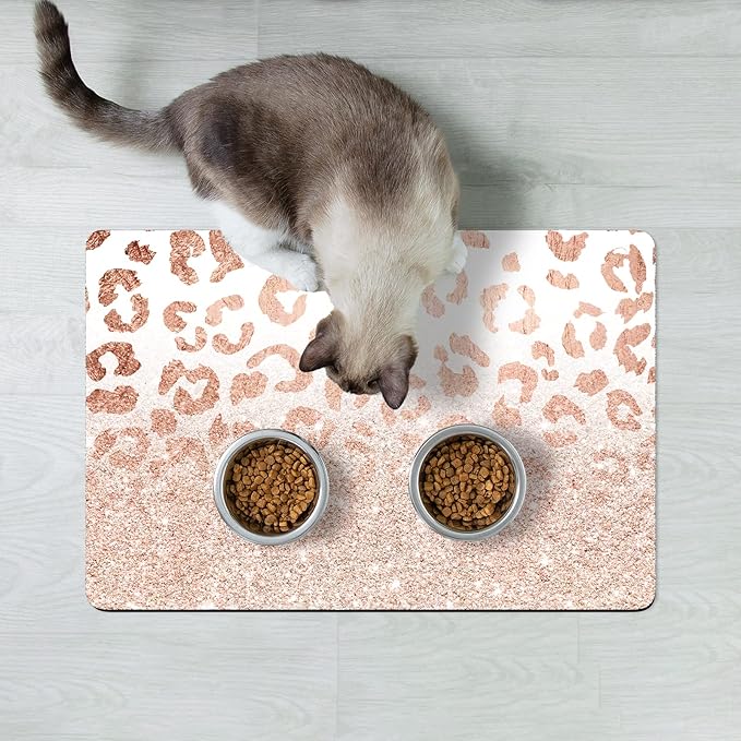 Rnivvi Dog Food Mat, 12" x 19" Leopard Absorbent Dog Cat Bowl Mat for Food and Water, Cute Anti-Slip Rubber Pet Feeding Rug Protect Floors, Puppy Placemat for Feeding & Watering Supplies, Rose