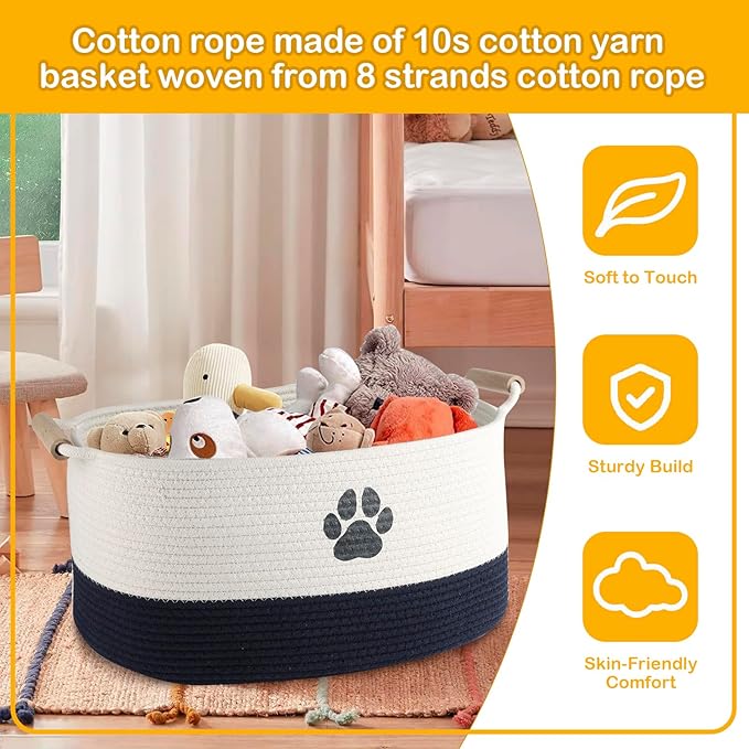 Geyecete Dog toy basket dog toy bin Woven Storage Baskets for Dog Cat Dog Toy Box Sturdy Reinforced Handles with Paw Print basket-Beige/Dark Blue