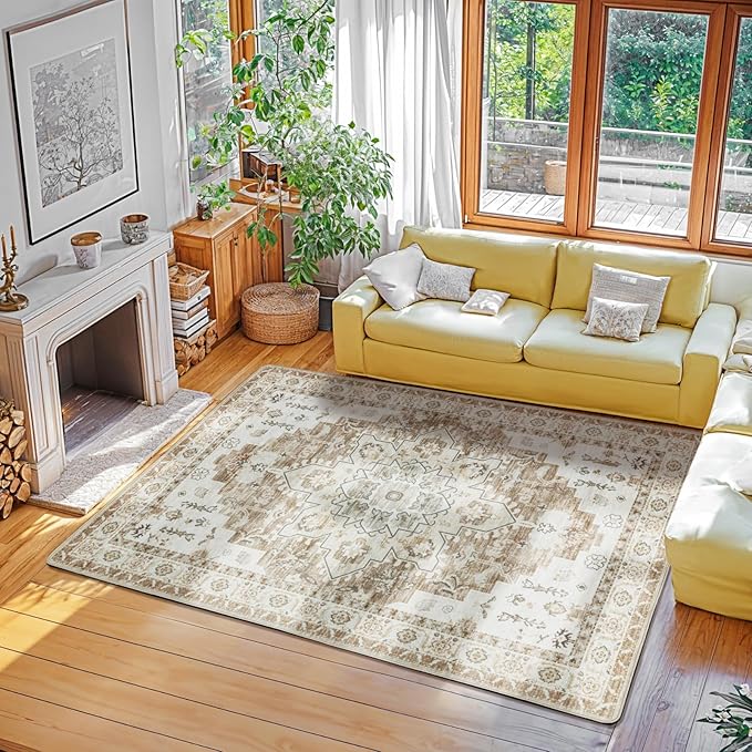 LBRO2M Boho 4X6 Rug Washable Rugs for Bedroom Non Slip Indoor Carpet, Soft Low Piles Rug Cream Foldable Rugs for Living Room Pet Friendly Area Rugs Stain Resistant (4'X6' Cream)