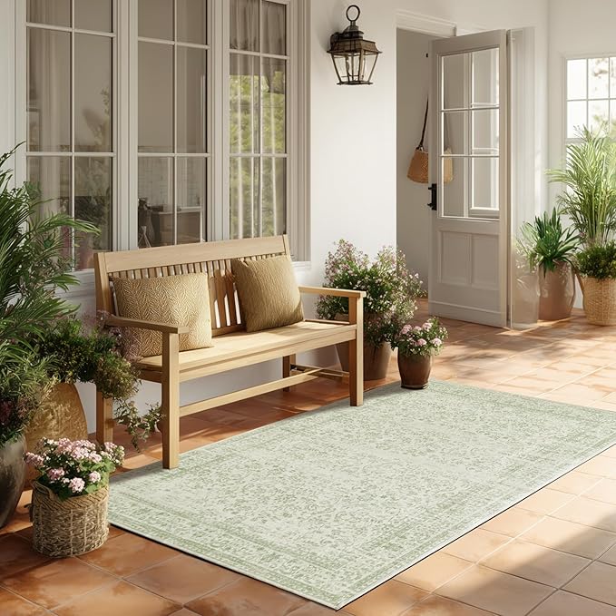 Boho Font Door Mat for Indoor Entrance Washable Non Slip Vintage Floral Aesthetic 3x5 Area Rugs for Entryway Entry,Sage Green