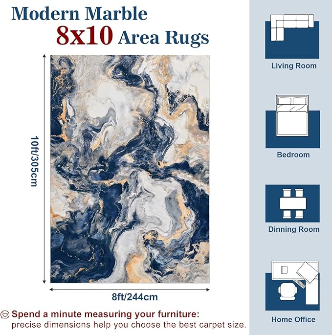 Yinhua 8x10 Rug for Living Room, Marble Rug Blue and Gold, Non Slip Modern Washable Rugs Non Shedding, Contemporary Abstract Area Rugs Low Pile, Soft Large Carpet for Bedroom Kitchen Office