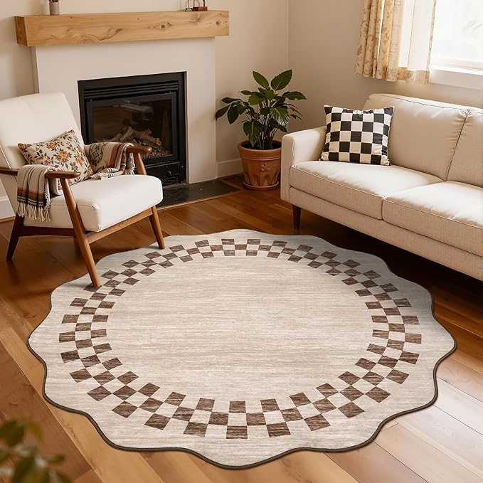 GarveeHome Scalloped Round Rug 4ft Modern Solid Color Circle Rugs Non Slip Low Pile Living Room Throw Carpat Washable Bedroom Scalloped Round Area Rug Stain Resistant Bordered Rug for Kitchen, Beige