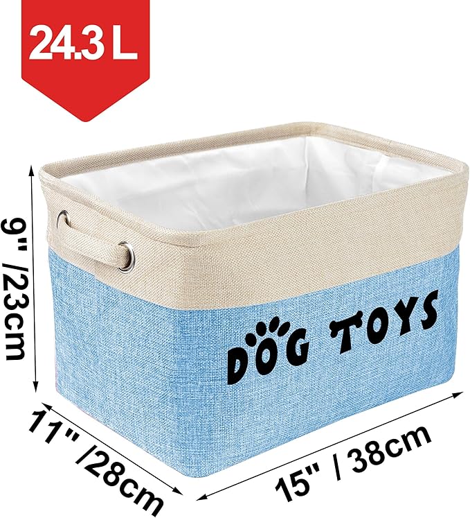 PET ARTIST Dog Toy Basket, Collapsible Dog Toy Bin Box with Comfortable Handles, Large Pet Toy Storage Organizer for Accessories, Toys, Coat & Clothing, Blanket & Leash, Blue, 15"x11"x9"