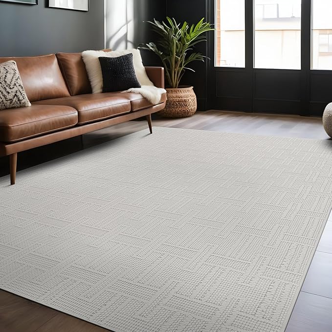 Micro Loop Indoor Rug White 6x9 Boho Geometric Neutral Area Rugs for Living Room Soft Luxury Modern Low and High Pile Durable Stain Resistant Non-Shedding Indoor Area Carpet 6 x 9