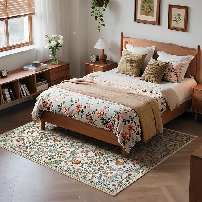 Floral Area Rug for Living Room: 8x10 Washable Soft Low Pile Thin Indoor Carpet, Non Slip Stain Resistant Vintage Flower Boho Accent Large Rugs for Bedroom, Dining, Home Office, Nursery - Beige