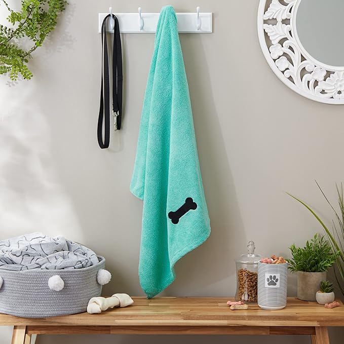 Bone Dry Pet Grooming Towel Collection Absorbent Microfiber X-Large, 41x23.5, Embroidered Green (Pack of 12)