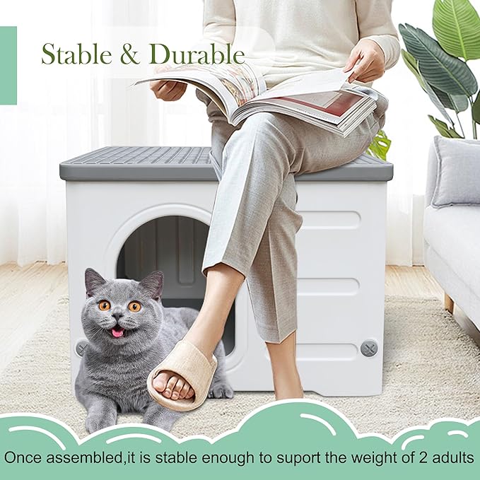 Waterproof Outdoor Cat House, Plastic Cat House for Outdoor Cats Feral Cat House, Sturdy Cat Bed for Small Pet, Spacious, Assemble Easily-Grey