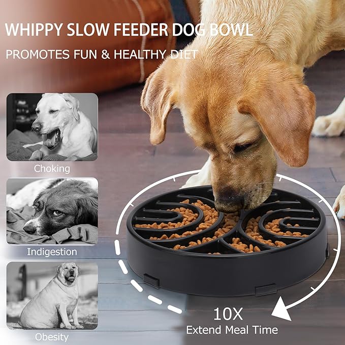 WHIPPY Slow Feeder Maze Dog Bowl - Anti-Choking, Anti-Slip Interactive Puzzle Feeder for Large Dogs, Black