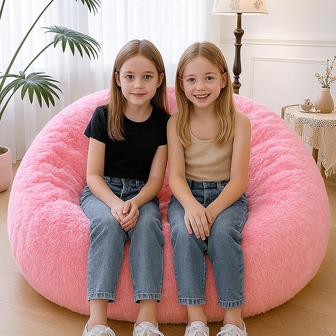 MEGO 5FT Fluffy Faux Fur Giant Bean Bag Chair Cover (No Filler), Soft Comfy Stuffed Animal Storage Cover for Adults Kids, Lazy Sofa Bed Beanbag Cover for Living Room Bedroom Decor, Anti-Slip, Pink