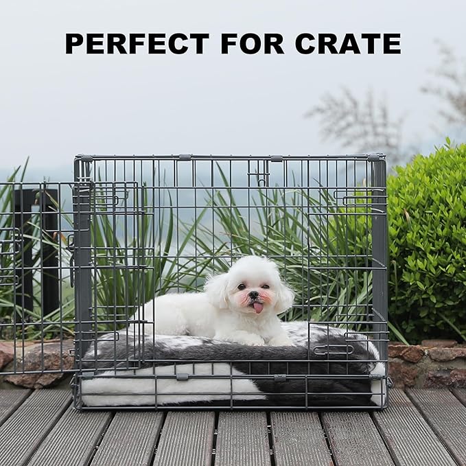 Bedfolks Waterproof Crate Bed, Plush Dog & Cat Bed with Removable Washable Cover, Faux Fur Kennel Pad, 21"x13", Black-White Cowhide