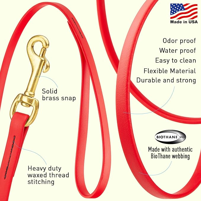 Viper Biothane K9 Working Dog Leash Waterproof Lead for Tracking Training Schutzhund Odor-Proof Long Line with Solid Brass Snap for Puppy Medium and Large Dogs, 10ft Cherry Red