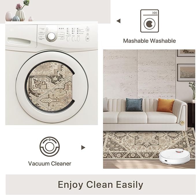 8x10 Area Rug Machine Washable Boho Rug for Living Room,Ultra-Thin Low Pile Carpet,Lightweight Indoor Printed Rug,Non Slip Floral Area Rug for Bedroom, Dining Room, Home Office,Brown