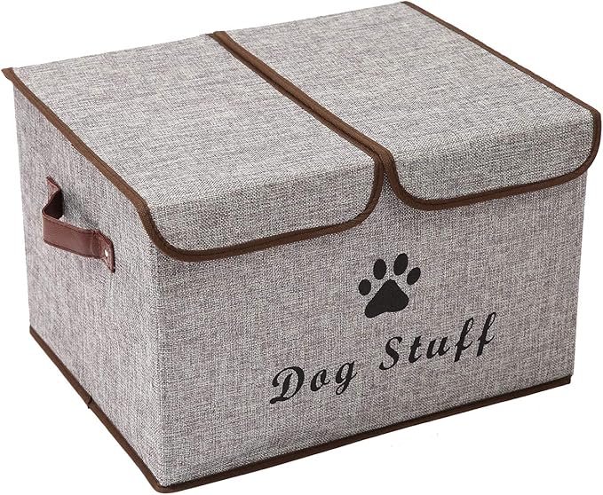 Large Dog Toys Storage Box Canvas Storage Basket Bin Organizer with Lid - Collapsible Linen Bin Ideal for Organizing Dog Cat Toys and pet Stuff-PP Boad-17" x 12" x 10" - Gray