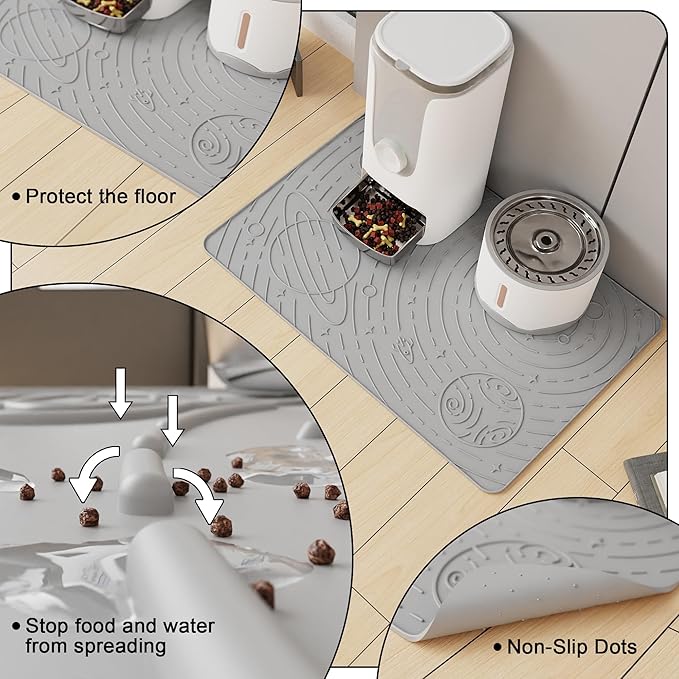 OHMO Dog Food Mat, Silicone Waterproof Cat Food Mat, Non-Skid Spill Proof Pet Feeding Mat for Food and Water, Easy to Clean Dog Placemat(Ash, 18.9" x 11.8")