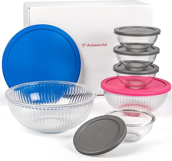Set of 6 Stackable Space-Saving Nesting Glass Bowls with BPA Free Lids for Foodprep, Storage, Baking, Mixing & Cooking, Microwave Safe - Durable Inert Borosilicate Glass