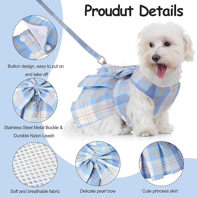 4 Pcs Cute Plaid Dog Dress Set with Bow Tie Harness & Leash for Small Dogs, Puppy Clothes for Girls Outfits(L,Light Color)
