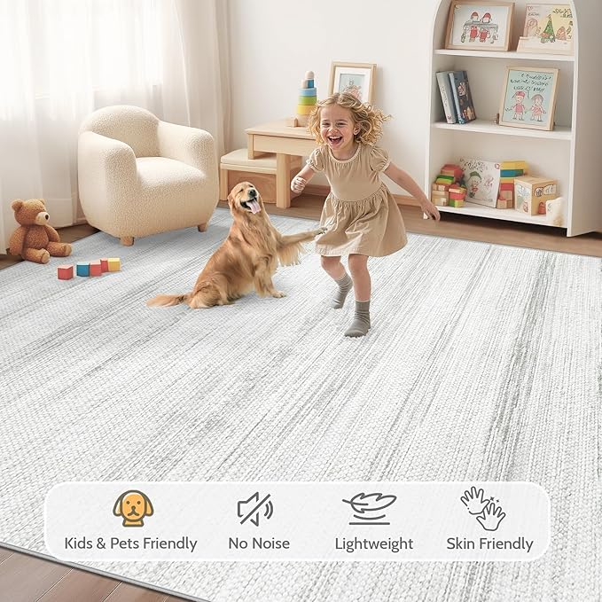 Washable Rug 9x12 Area Rugs: Modern Geometric Rugs for Living Room Non Slip Soft Low Pile Moroccan Indoor Carpet for Bedroom Nursery Dining Room Home Office (Light Grey, 9'x12')
