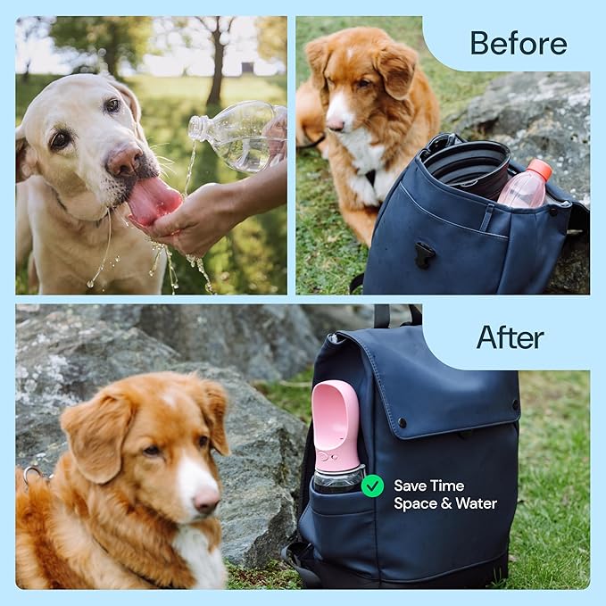 MalsiPree Dog Water Bottle Dispenser for Walks - 12 oz Navy Blue - Leak-Proof Lock & One-Hand Operation - On The Go Dog Water Dispenser- Pet Travel Bottle with Built-in Bowl, for Hiking & Travel