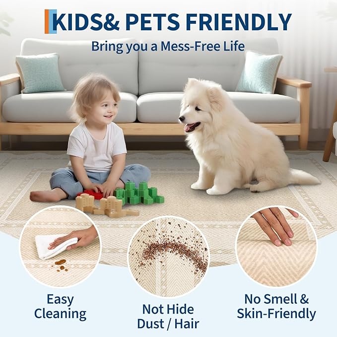 GarveeHome Modern Neutral Area Rug 5x7 Non Slip Washable Rugs for Living Room, Contemporary Bordered Rugs Stain-Resistant Soft Carpet, Low Pile Floor Mats for Dining Room, Bedroom, Beige