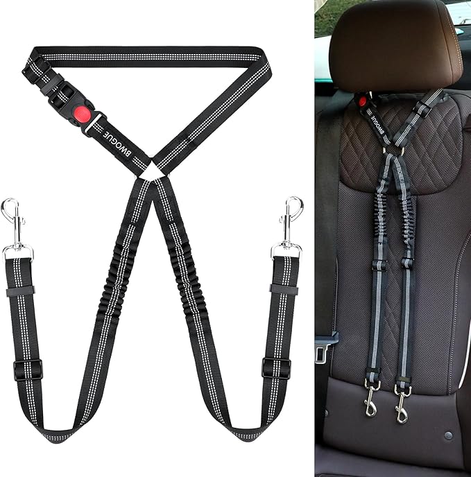 BWOGUE Double Dog Cat Seat Belts, Car Headrest Restraint Adjustable Travel Leash,Safety Elastic Leads Splitter Connect Vehicle Seatbelt Harness for 2 Dogs