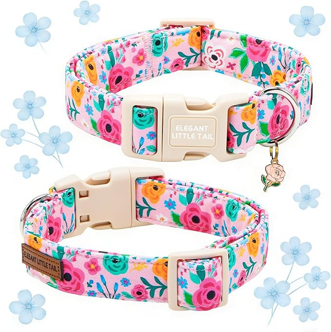 Elegant little tail Dog Collar, Pink Flower Print Spring Soft Cotton Puppy Collars Adorable Female Pet Gift Lightweight Plastic Adjustable Dog Collar for Small Dogs