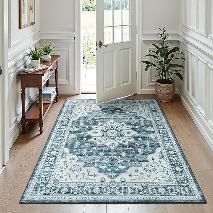Lofus 5x7 Washable Area Rug, Vintage Floral Rugs for Living Room, Bedroom, Dinning Room, Low Pile Large Area Rugs with Non-Slip Backing, Sunflower Print Pattern, Neutral Blue