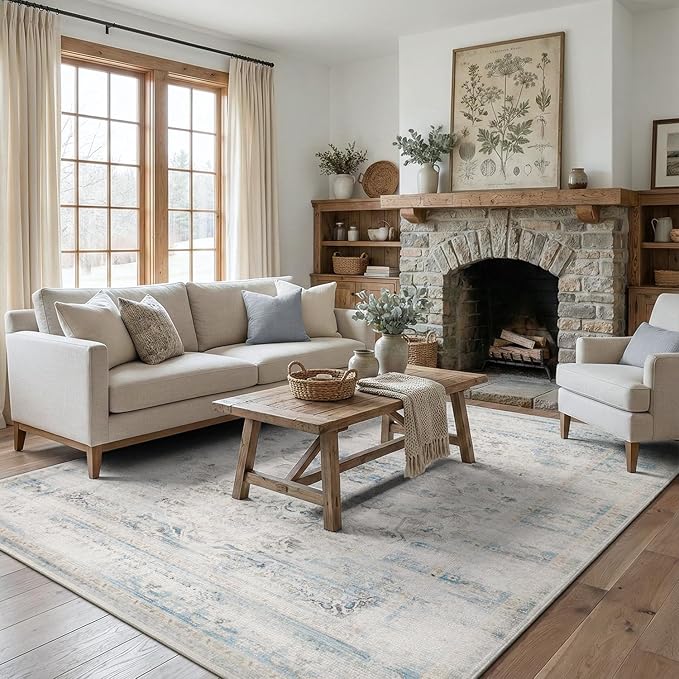 DCX 6x9 Haze Blue Rug, Machine Washable Stain Resistant Distressed Vintage Rug, Kid & Pet Friendly with Rubber Back Non Slip Soft Low Pile Large Carpet for Living Room, Bedroom, Home Office